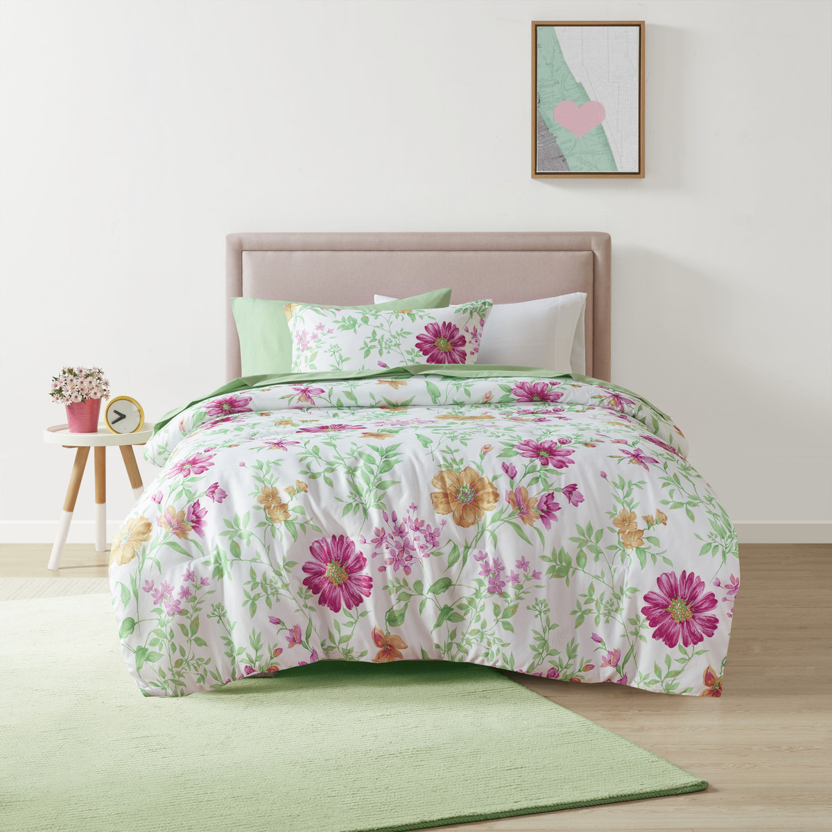 GUERANDE Pink and Green Floral Bedding (Queen)